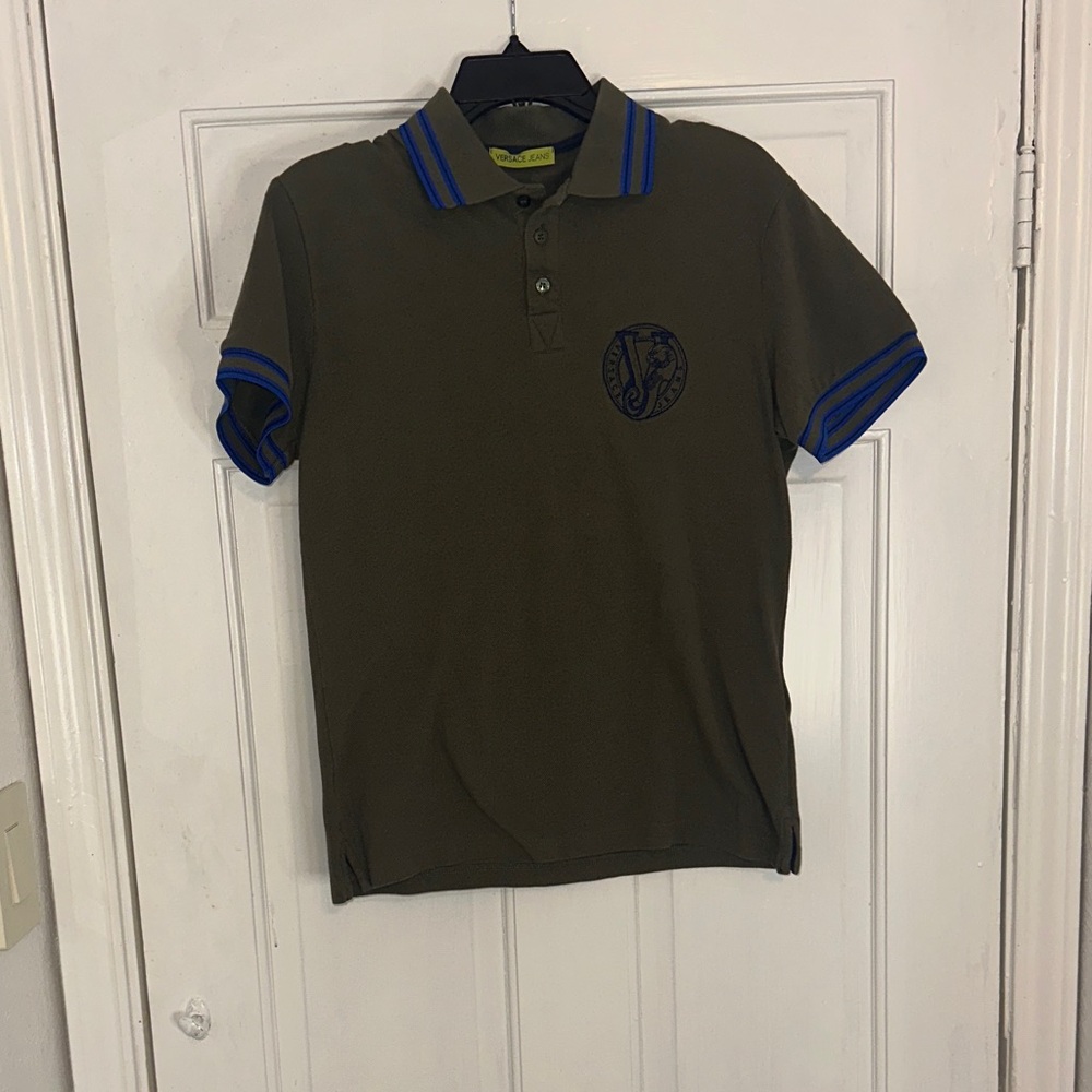 Versace Olive Polo with Blue Contrast Trim - Men's Designer Shirt